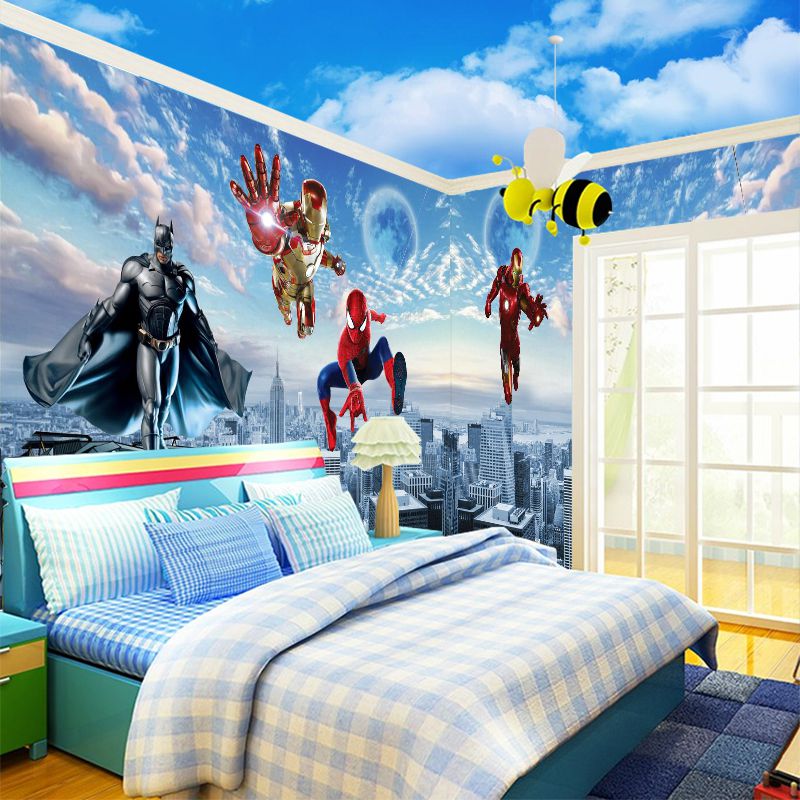 儿童房壁画男孩卧室背景动漫墙壁纸3d卡通蜘蛛侠墙纸立体超人壁画