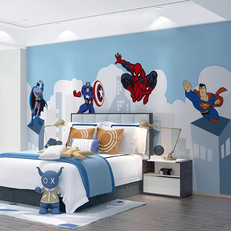 儿童房背景墙纸卡通动漫蜘蛛侠美国队长壁纸超人卧室男孩蓝色壁画