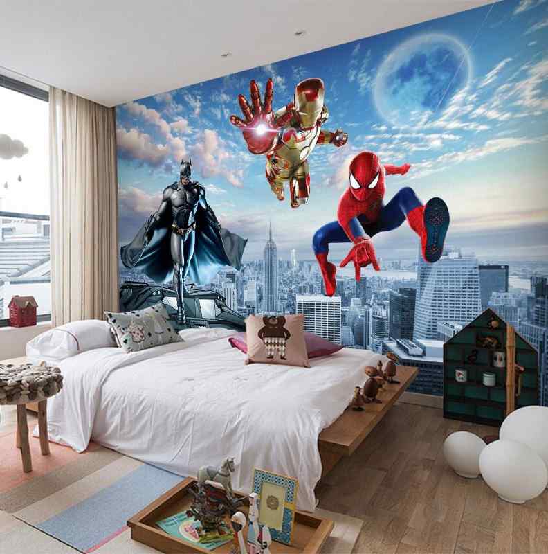 男孩儿童房卧室背景动漫墙壁纸3d卡通蜘蛛侠墙纸立体超人壁画墙布