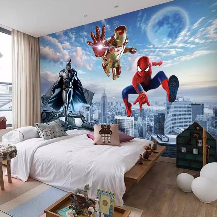 动漫男孩卧室背景墙壁纸3d卡通蜘蛛侠儿童房墙纸立体超人壁画墙布