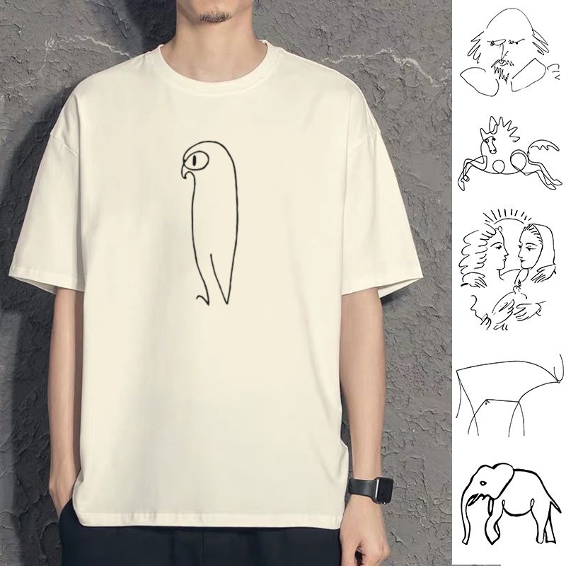 花可美线条简笔画短袖T恤男女日系毕加索周边动物图案体恤衣服tee
