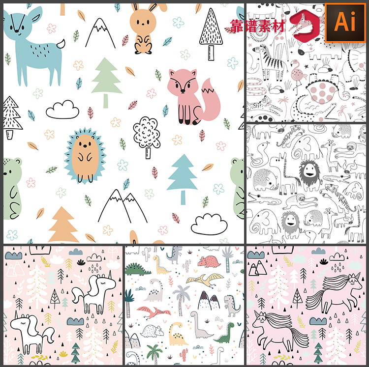 手绘简笔画卡通森林线描动物墙纸地毯印花图案AI矢量设计素材