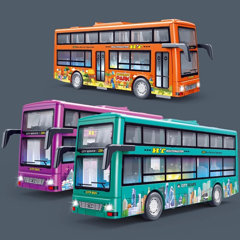 男孩宝宝惯性玩具汽车可开门儿童声光公交车公共客车双层巴士模型