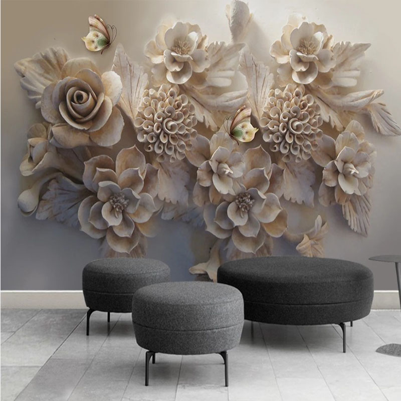 唯美立体浮雕3D花朵蝴蝶电视背景墙无缝客厅背景墙壁纸8d影视墙布