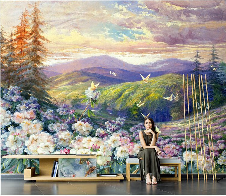 定制 北欧电视背景墙壁画山谷鲜花蝴蝶唯美风景油画墙纸壁纸客厅