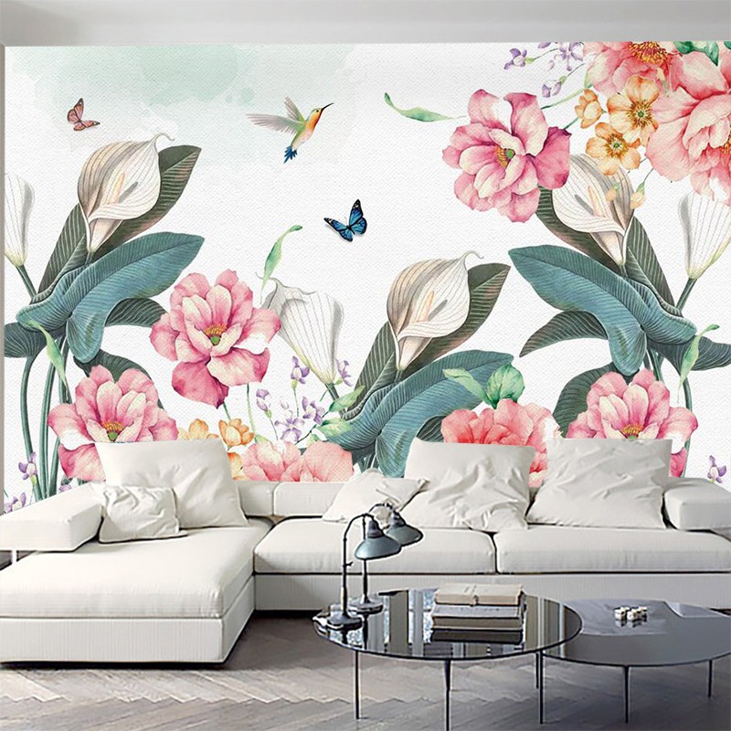 北欧手绘植物墙纸花卉客厅电视背景壁纸大花卧室蝴蝶唯美花鸟壁画