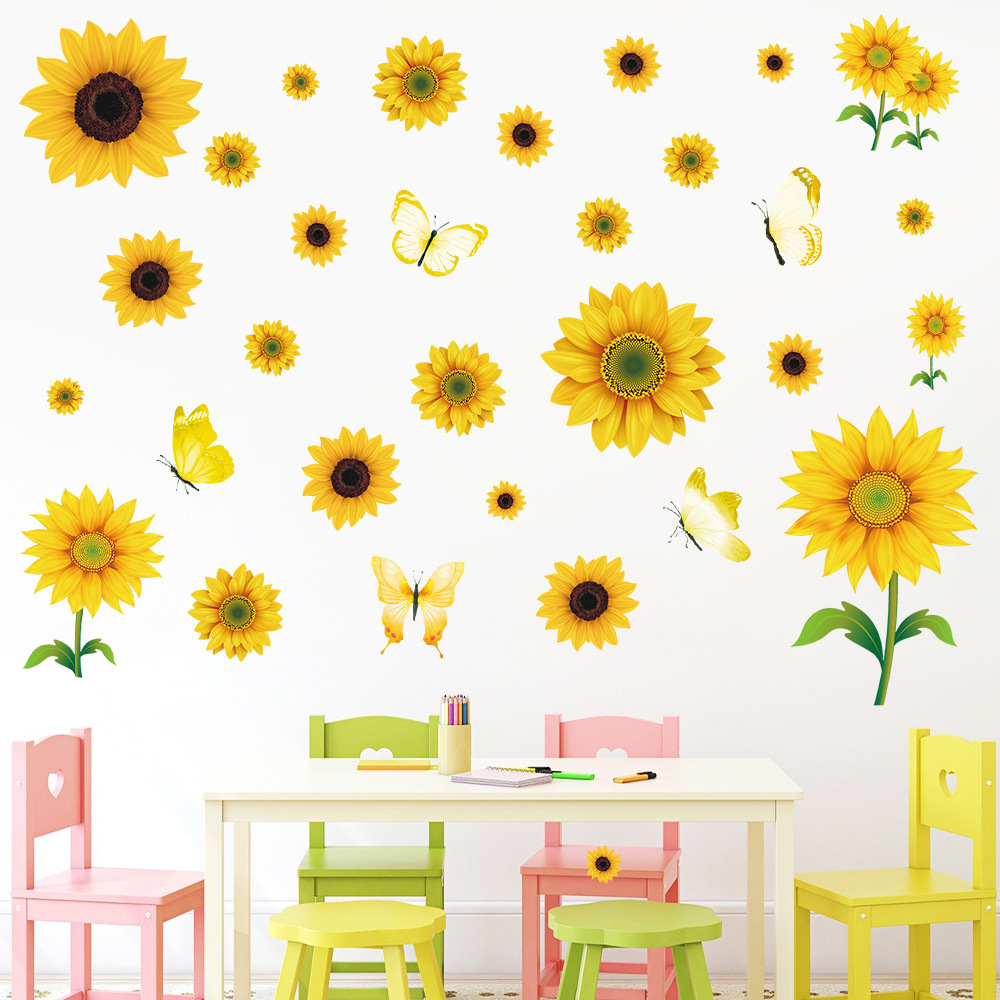 跨境ins风向日葵蝴蝶墙贴自粘客厅卧室PVC装饰花朵橱柜贴纸壁纸