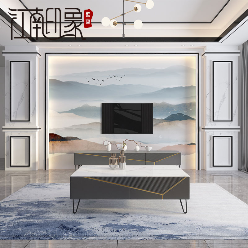 2024年新款电视机背景墙壁纸客厅新中式山水影视墙布卧室壁画装饰