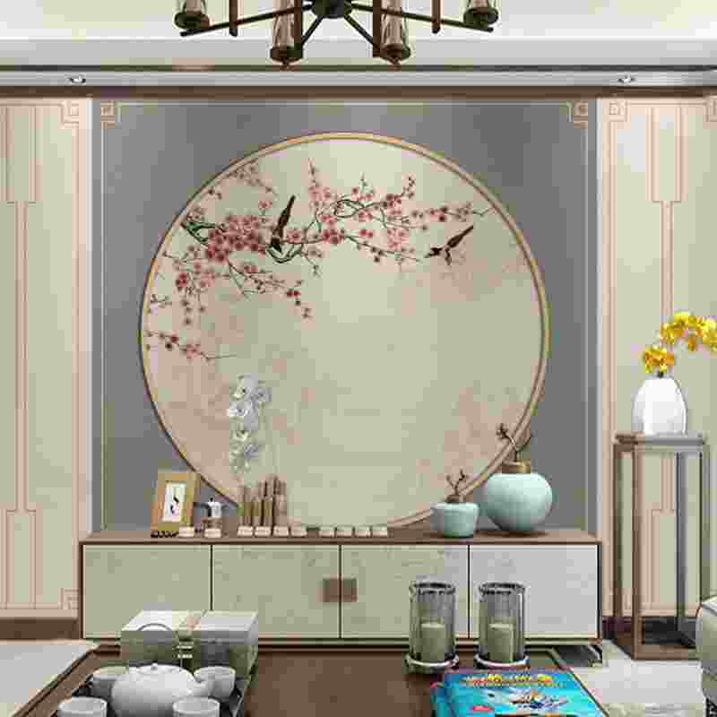 8D现代新中式山水花鸟电视背景墙壁纸简约客厅沙发影视墙壁画墙布