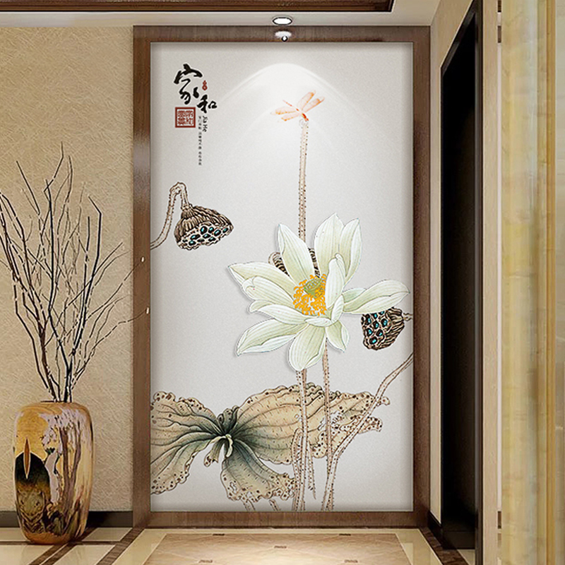 3d新中式中国风玄关墙纸走廊过道背景墙壁纸竖版花鸟装饰壁画墙布