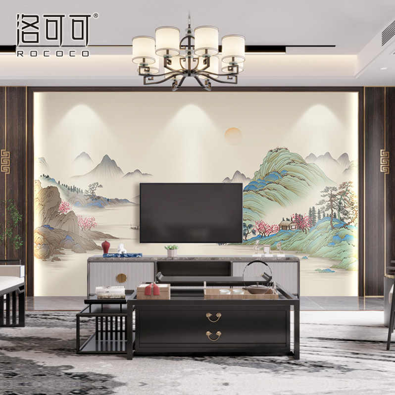 电视背景墙壁纸2023新款墙纸轻奢新中式山水壁布客厅沙发墙布壁画