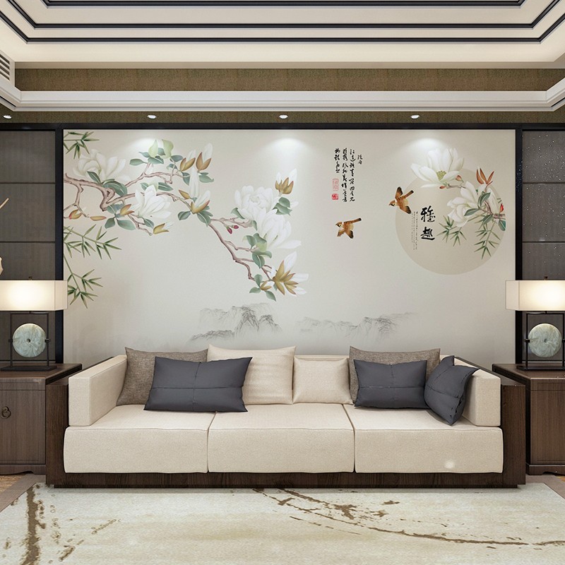 新中式壁布电视背景墙禅意素雅花鸟壁纸卧室客厅沙发影视墙纸壁画