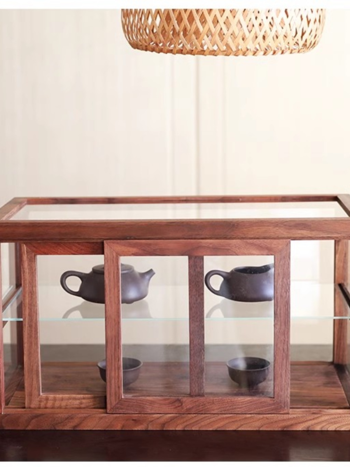 定制日式黑胡桃实木玻璃展示柜茶室茶具器皿摆件防尘置物架防尘收