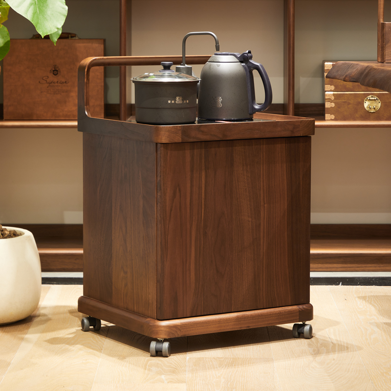 北美黑胡桃木茶边柜意式极简家用茶室可移动滚轮茶边几带烧水壶