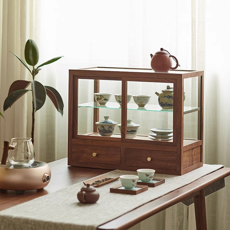 观山木茶室黑胡桃木实木玻璃柜多层设计茶杯茶具展示柜家用收纳柜