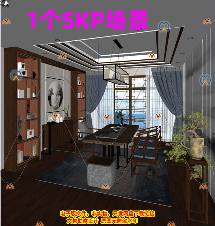 SU新中式住宅式中式茶室家庭茶室茶桌茶空间场景陈列柜元素SU模型