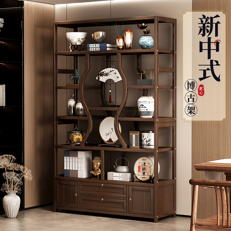 博古架实木中式茶室布置现代简约多宝阁茶具架子置物架茶叶收纳柜