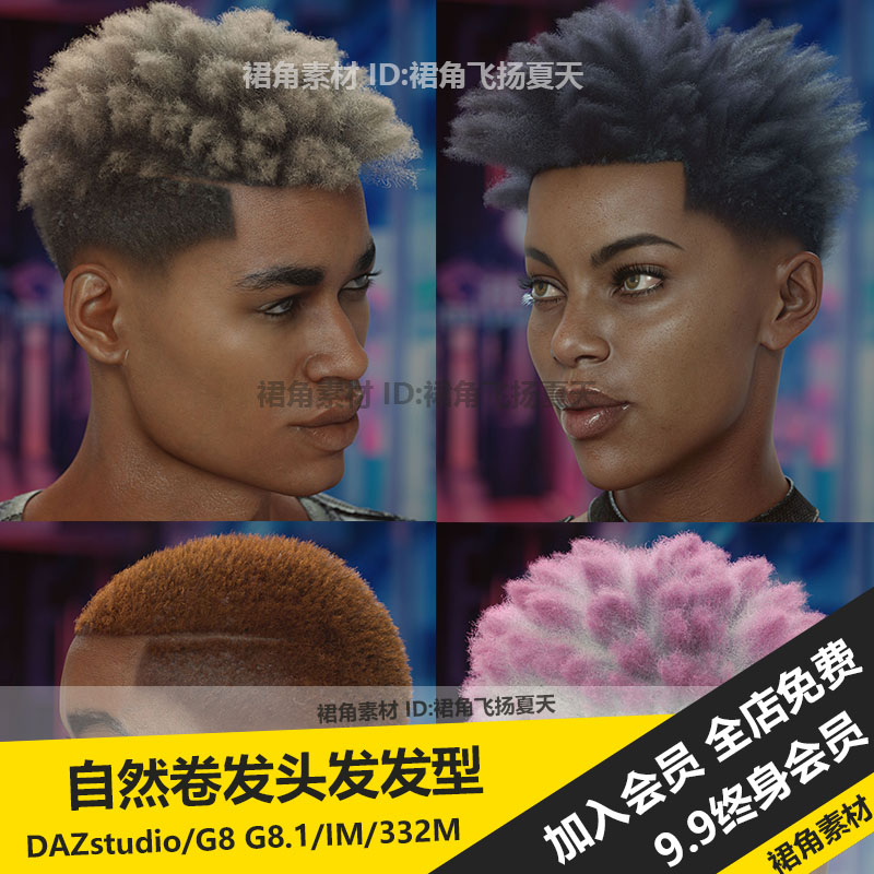DAZ3D Studio 黑人男女自然卷发烫发短发造型头发发型 3d模型素材