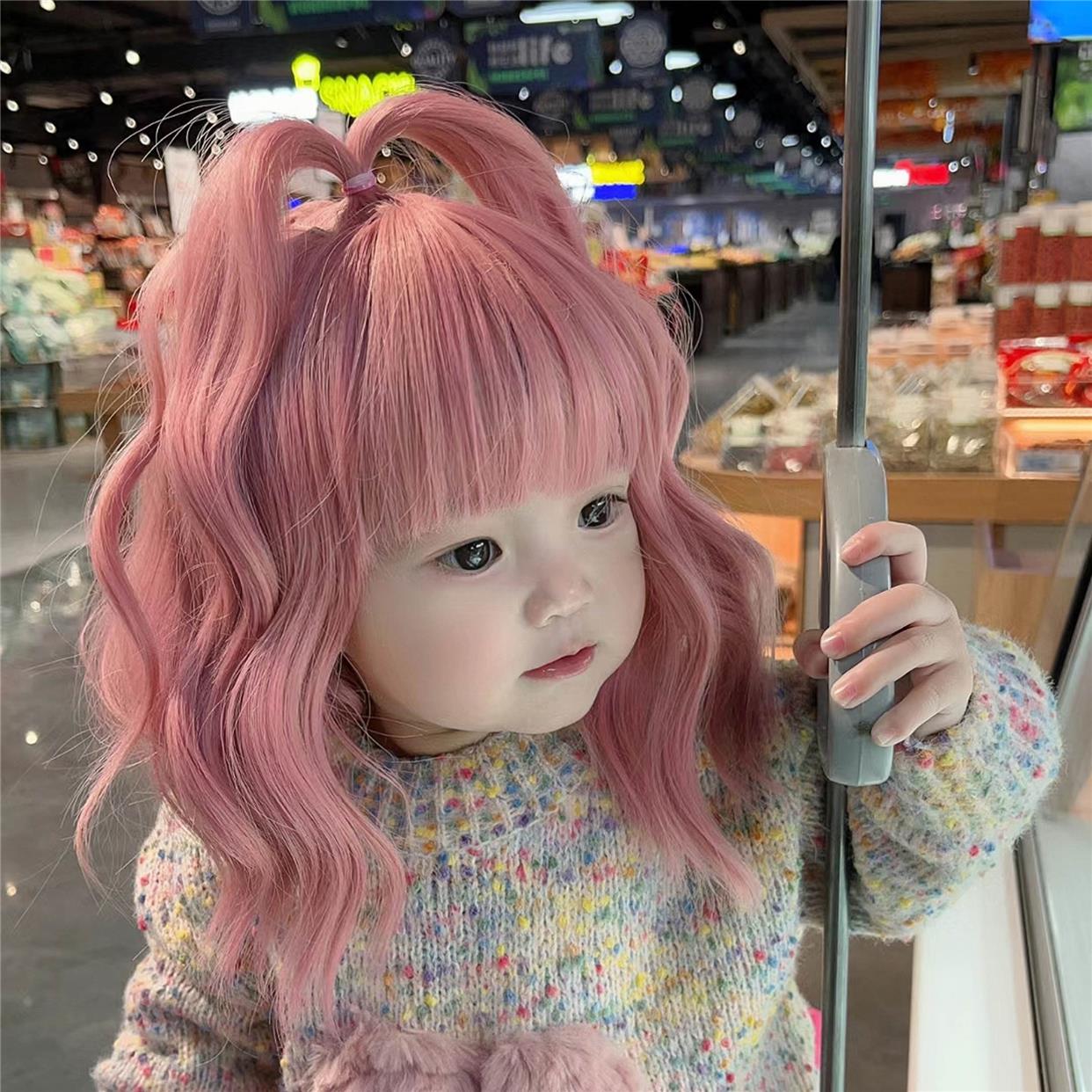 儿童假发女孩粉色中长卷发宝宝泡面头发型婴儿可爱发饰拍照全头套