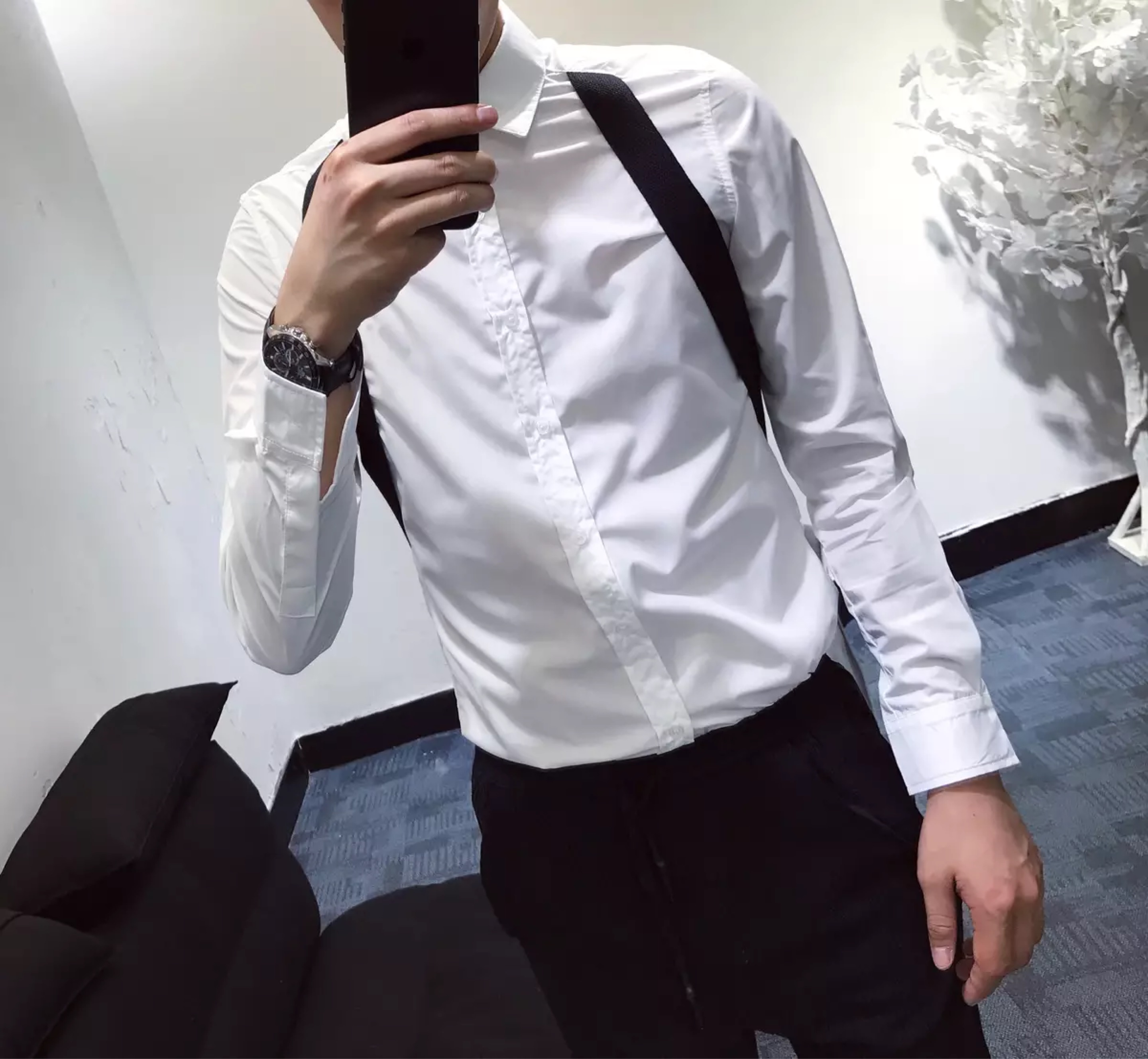 2019新款黑白拼接背带长袖衬衫男士韩版修身时尚个性发型师衬衣潮