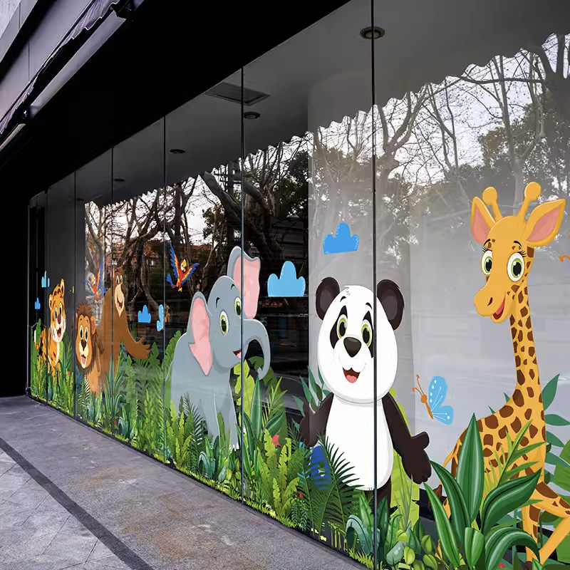 创意卡通动物玻璃装饰静电贴画儿童乐园幼儿园贴膜长颈鹿狮子墙贴