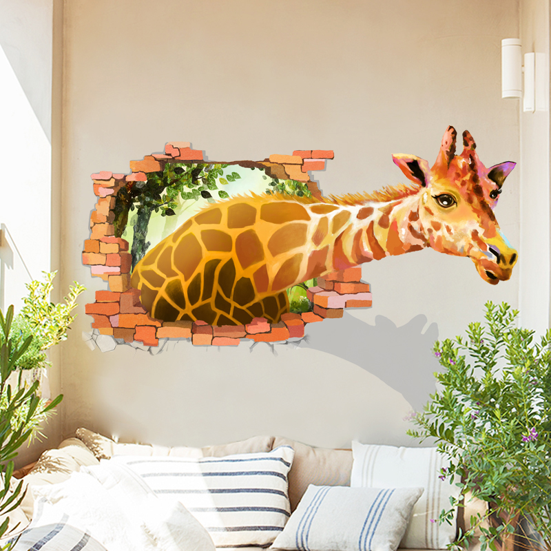 创意3d立体效果墙贴纸简约客厅沙发背景贴画儿童房卧室卡通长颈鹿