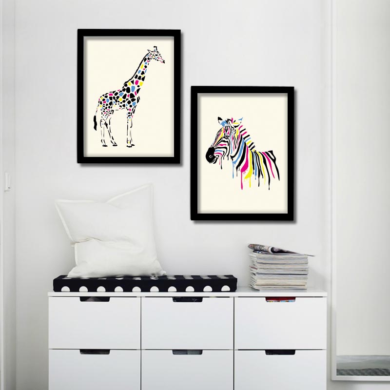 创意个性彩色条纹斑马长颈鹿画室儿童房书房实木有框装饰画挂画