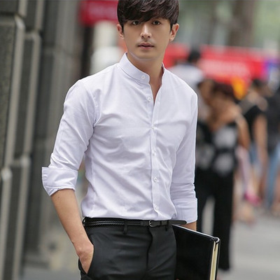 新款男士立领长袖衬衫青年韩版修身休闲中国风圆领发型师小领衬衣