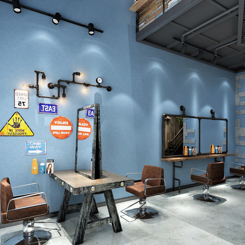 北欧风格蓝色纯色素色立体墙纸现代简约理发店发廊美发店装修壁纸