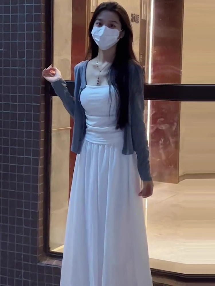 温柔风白色吊带背心连衣裙女2024夏季新款高级感半身裙子三件套装