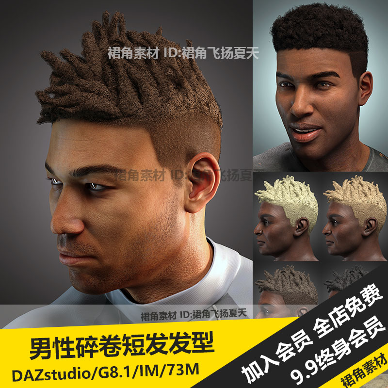 DAZ3D Studio 男性黑人短发烫发碎卷发头发发型模型 游戏3d素材
