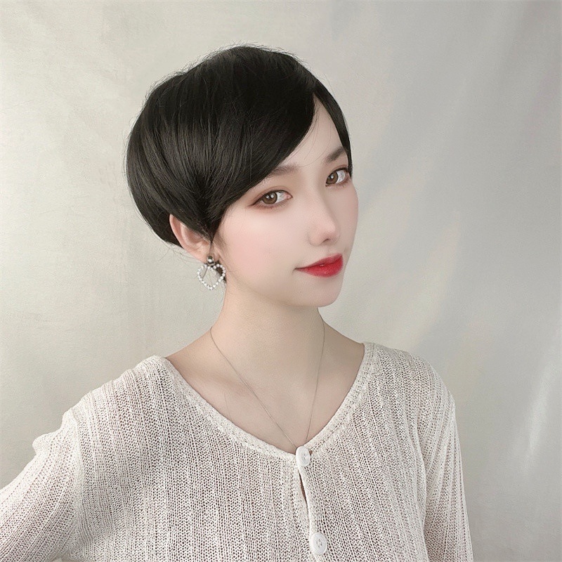 新款新品假发女士露耳短发斜刘海黑色短直假发全头发型厂家直销
