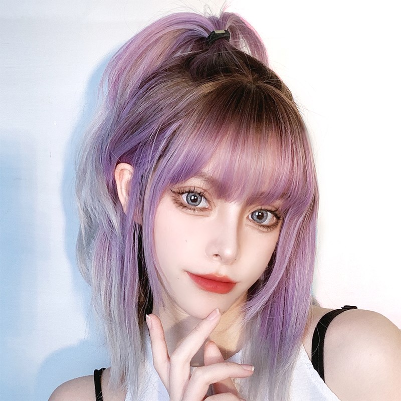 假发女短发发型 紫色渐变rose同款发色齐肩全头套 自然少女锁骨发