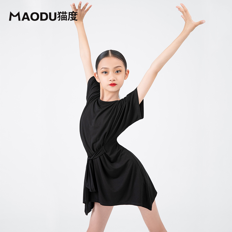 黑色拉丁舞服女童夏上衣短袖长款儿童舞蹈练功服少儿训练服连体裙