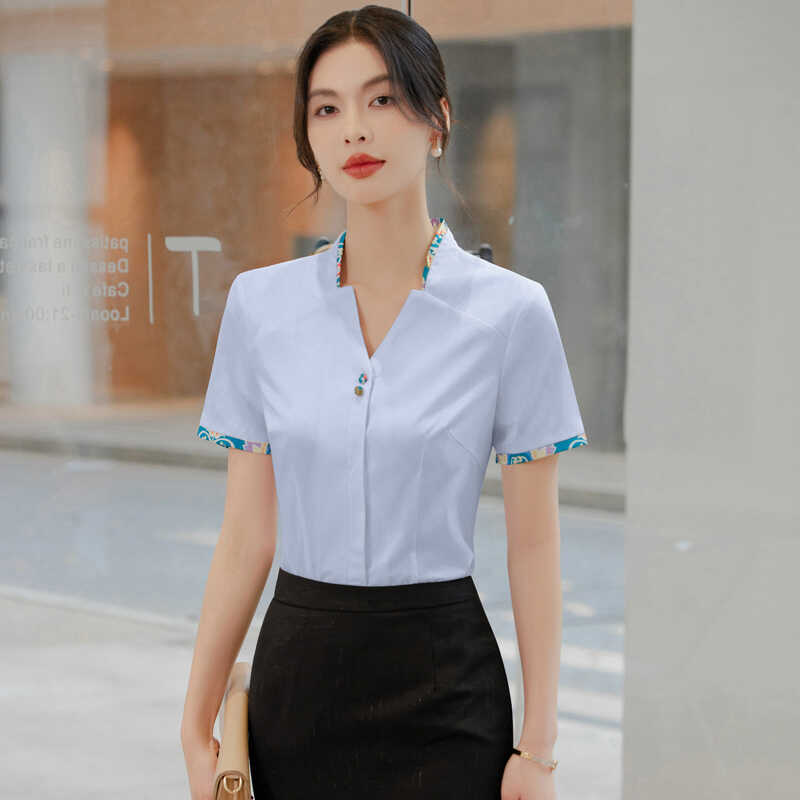 中式女立领夏季职业装衬衫女OL通勤气质短袖职业工作服衬衣镶花边