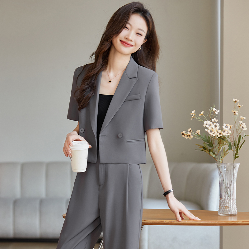 灰色短袖西装外套女2024夏季新款正式场合职业装短款时尚西服套装