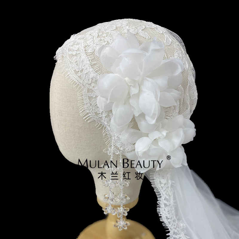 复古民国风蕾丝新娘结婚头纱影楼摄影跟妆造型白色帽纱拍照头饰品