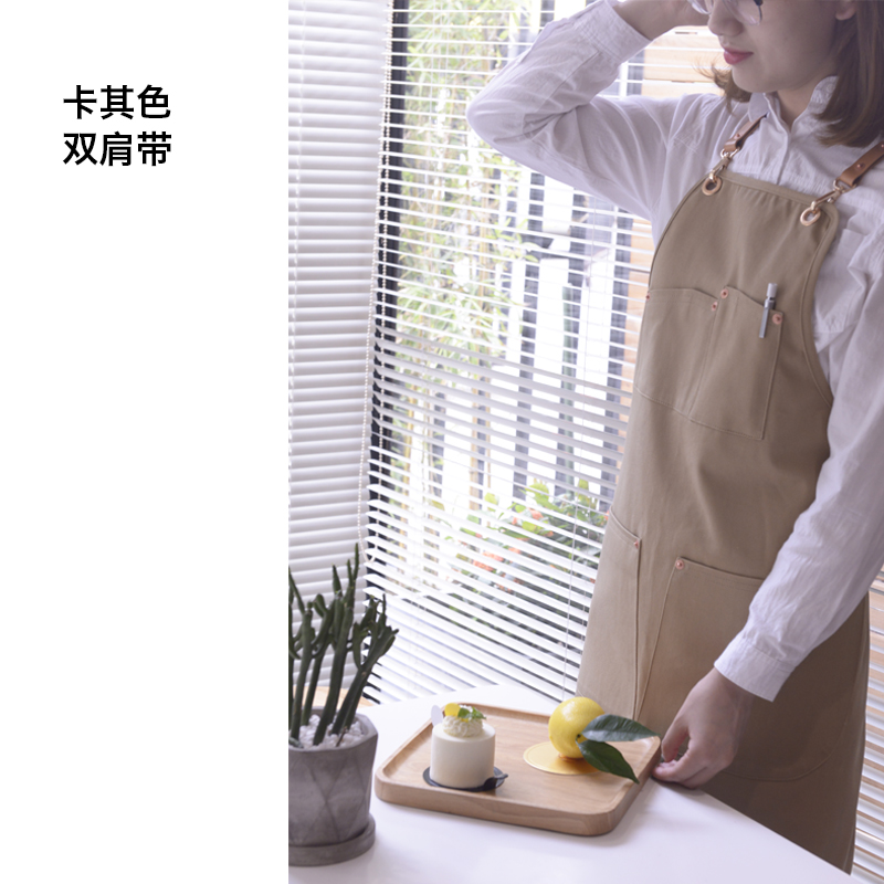 新日式帆布烘焙花艺咖啡师双肩围裙画画奶茶店美发美甲男女工作品