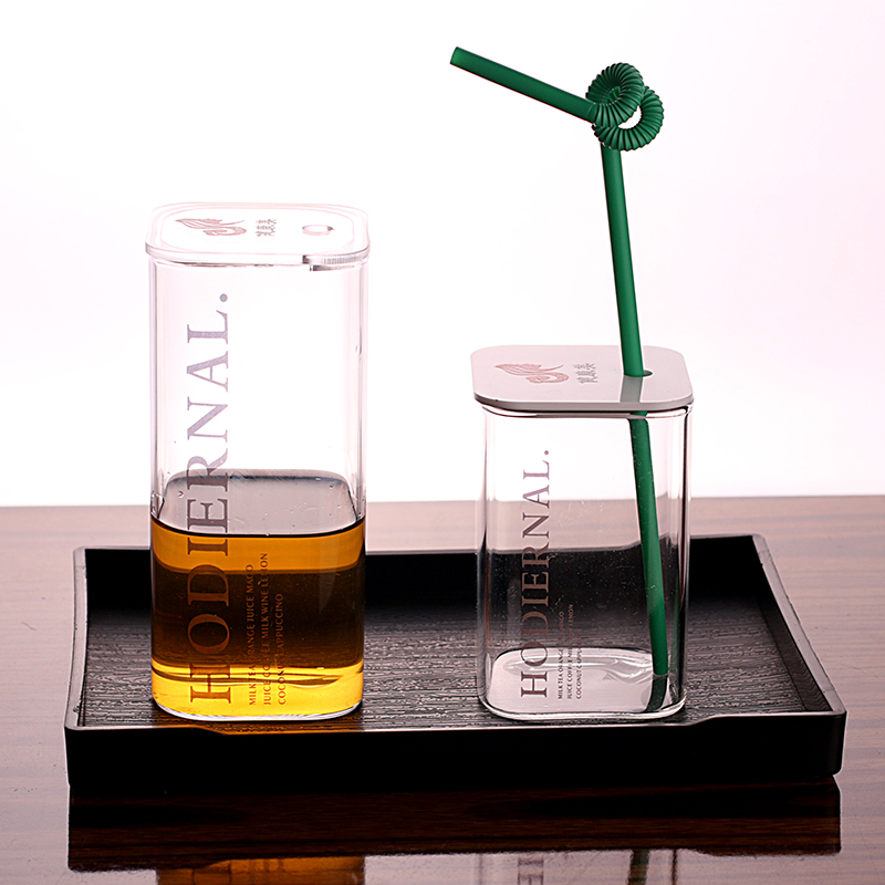 沙龙美发杯四方形手工耐高温玻璃杯商用透明有盖可插吸管定做LOGO