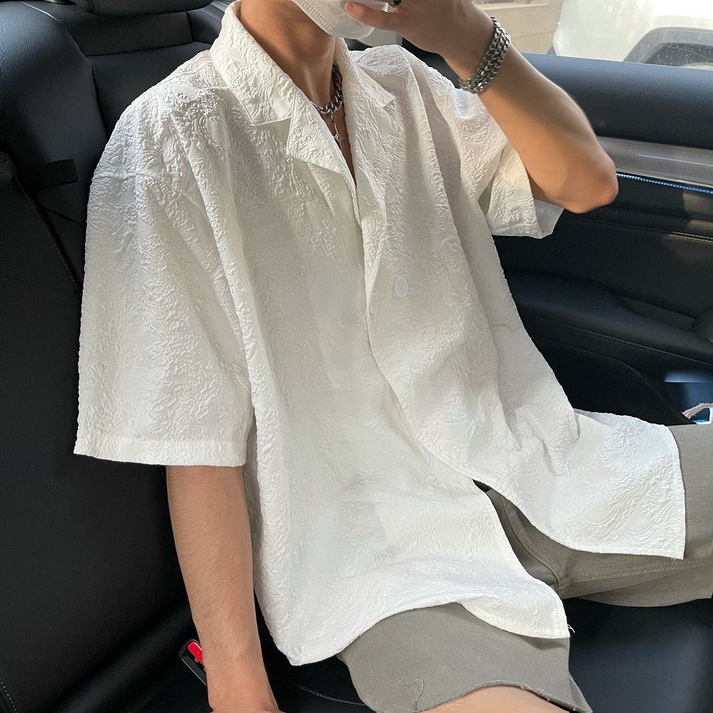 浮雕印花衬衫男生短袖设计感发型师衬衣夏季日系复古潮牌宽松衣服