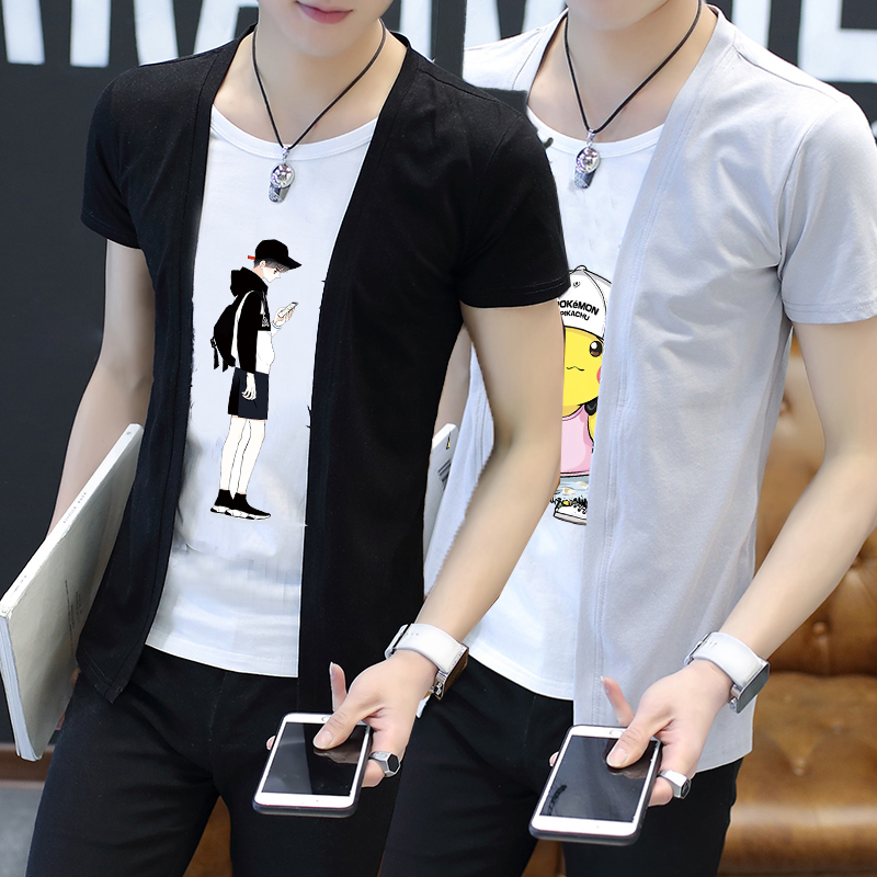 夏季短袖T恤男假两件披风外套青少年韩版修身学生发型师长袖上衣