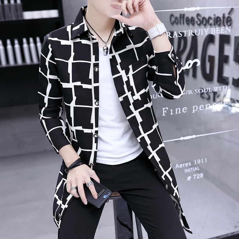 春夏新款韩版衬衫个性青少年外套中长款长袖衬衣发型师男披风衣潮