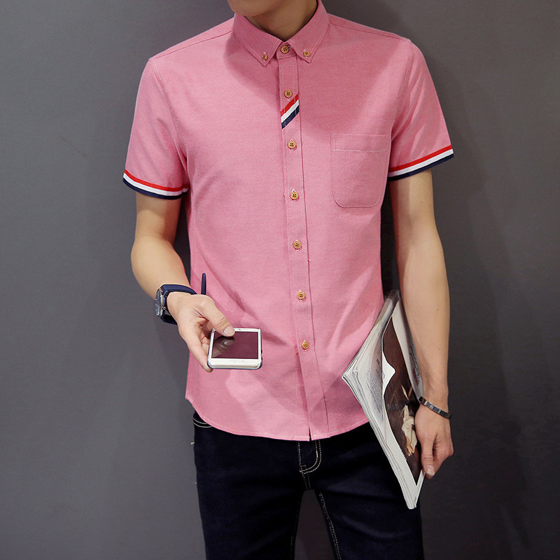 男士中袖衬衫夏季韩版青少年粉色短袖衬衣秋薄发型师修身潮男寸衫