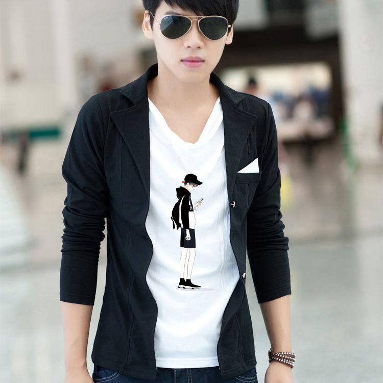 长袖t恤男潮流假两件韩版非主流青少年上衣帅气发型师纯棉T恤开衫