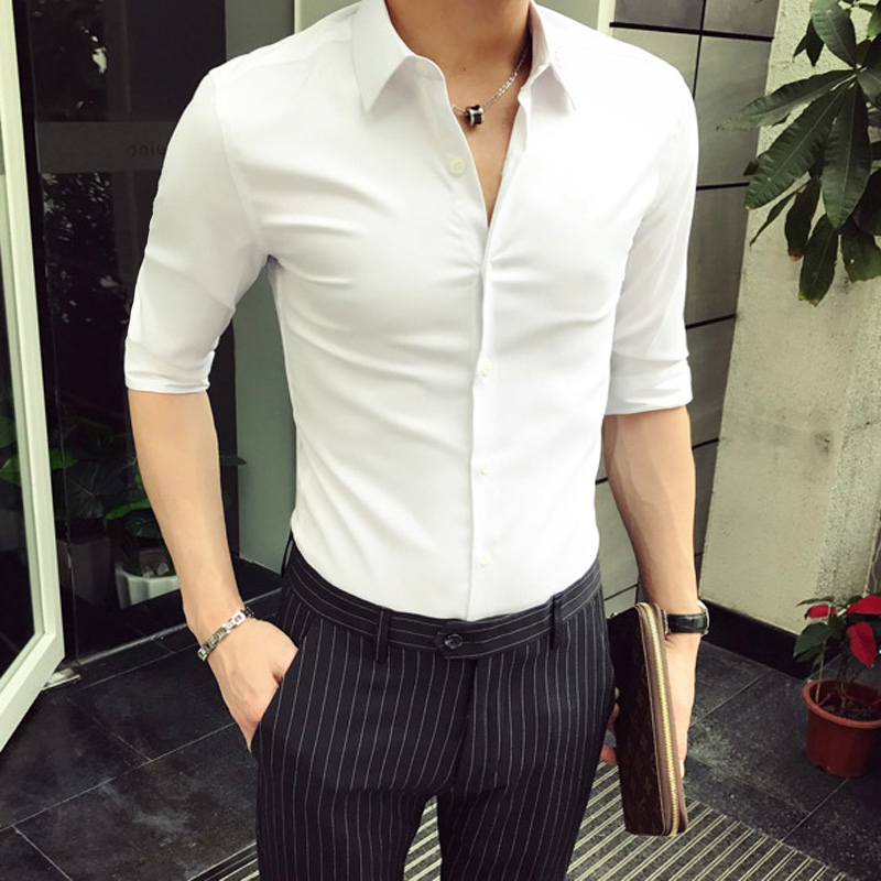 夏季男士短袖衬衫男青少年中袖衬衣韩版修身白色发型师七分袖寸衫