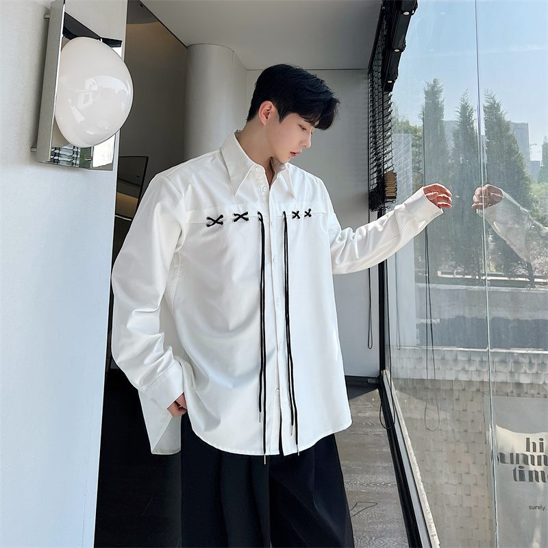 春夏小众解构网红韩版设计感衬衣男长袖气质绑带休闲白衬衫发型师