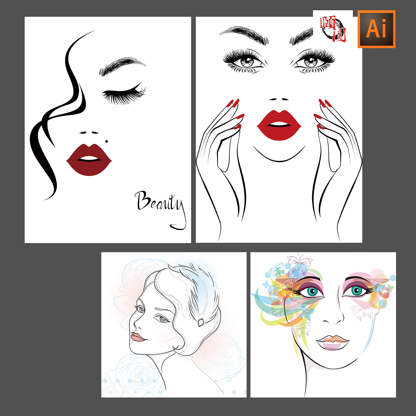 时尚美女发型造型美容手绘抽象人物头像插图AI矢量设计素材