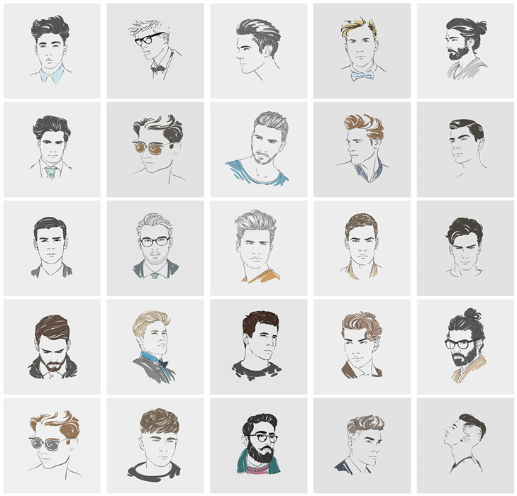 A0777矢量AI设计素材 25张男士头像发型造型手绘速写插画