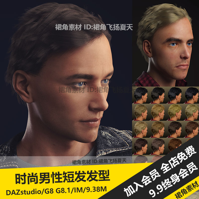 DAZ3D Studio 男性时尚短发烫发波浪纹头发发型模型 游戏3d素材