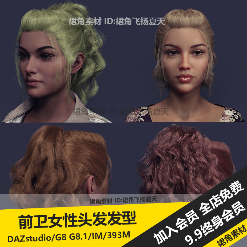 DAZ3D Studio 前卫时尚女性烫发扎辫造型头发发型 3d模型素材